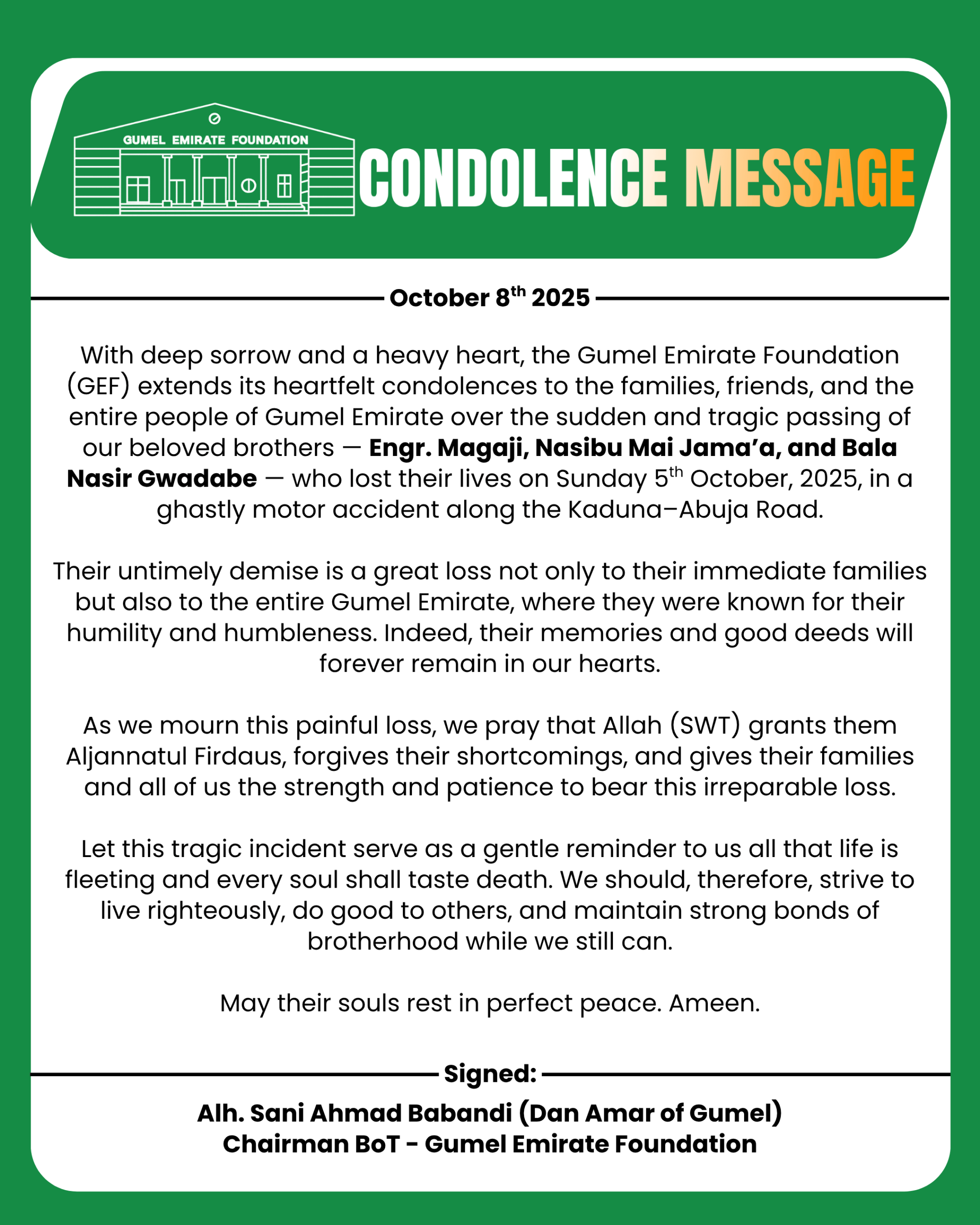 Condolence Message